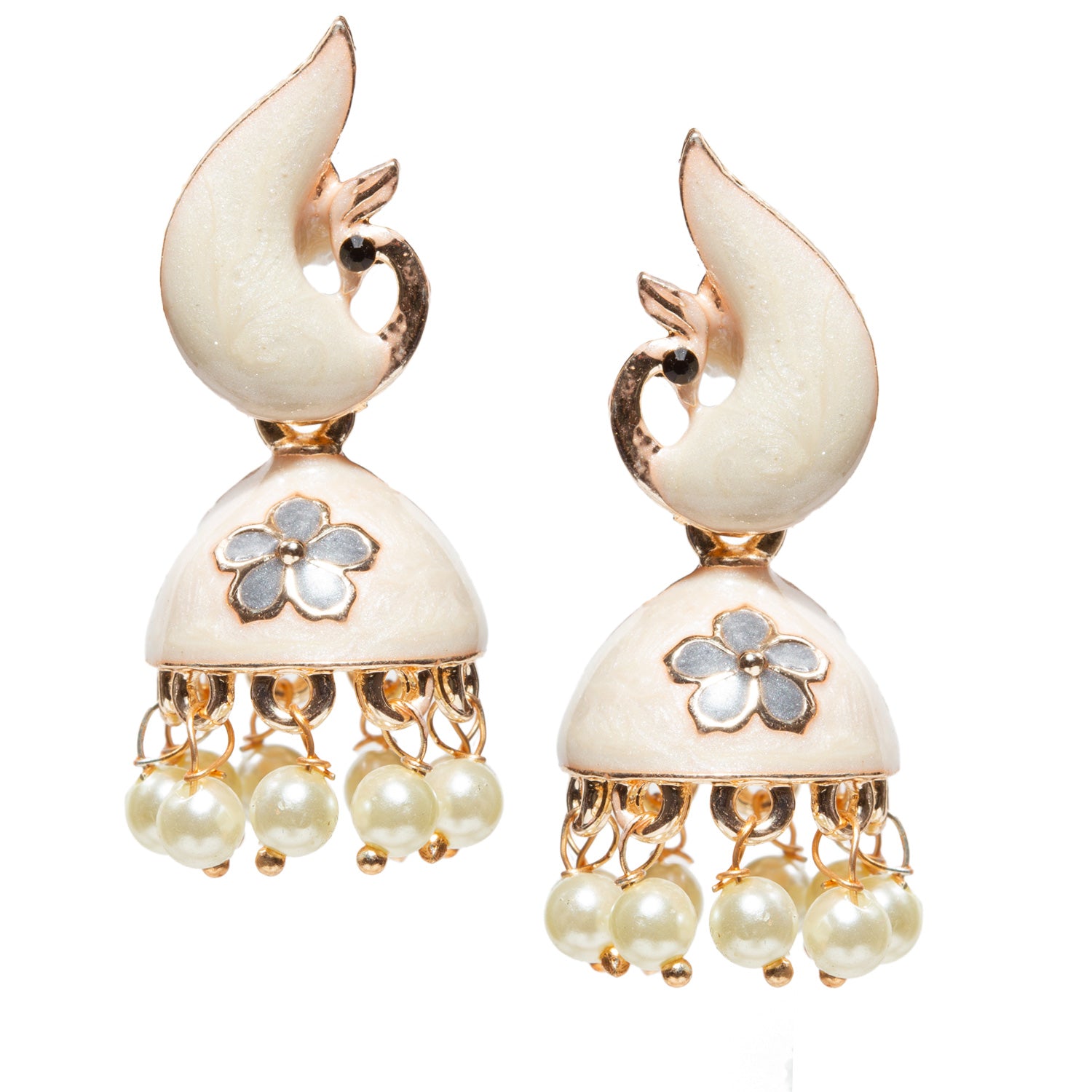 Pair of Bindhani gold-plated peacock jhumka earrings featuring white Meenakari enamel work and floral motifs in grey The earrings have a stylized peacock-shaped top connected to a dome-shaped jhumka adorned with delicate faux pearl drops. Traditional Indian ethnic jewelry with intricate detailing, suitable for festive occasions, weddings, and cultural celebrations.