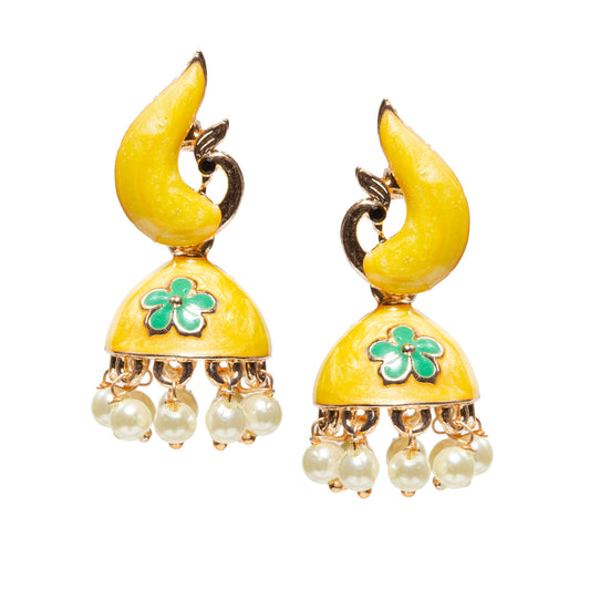 Bindhani-gold-plated-Beads-White-Stone-Meenakari-Peacock-Yellow-Small-Jhumki-women-girls-Teenage