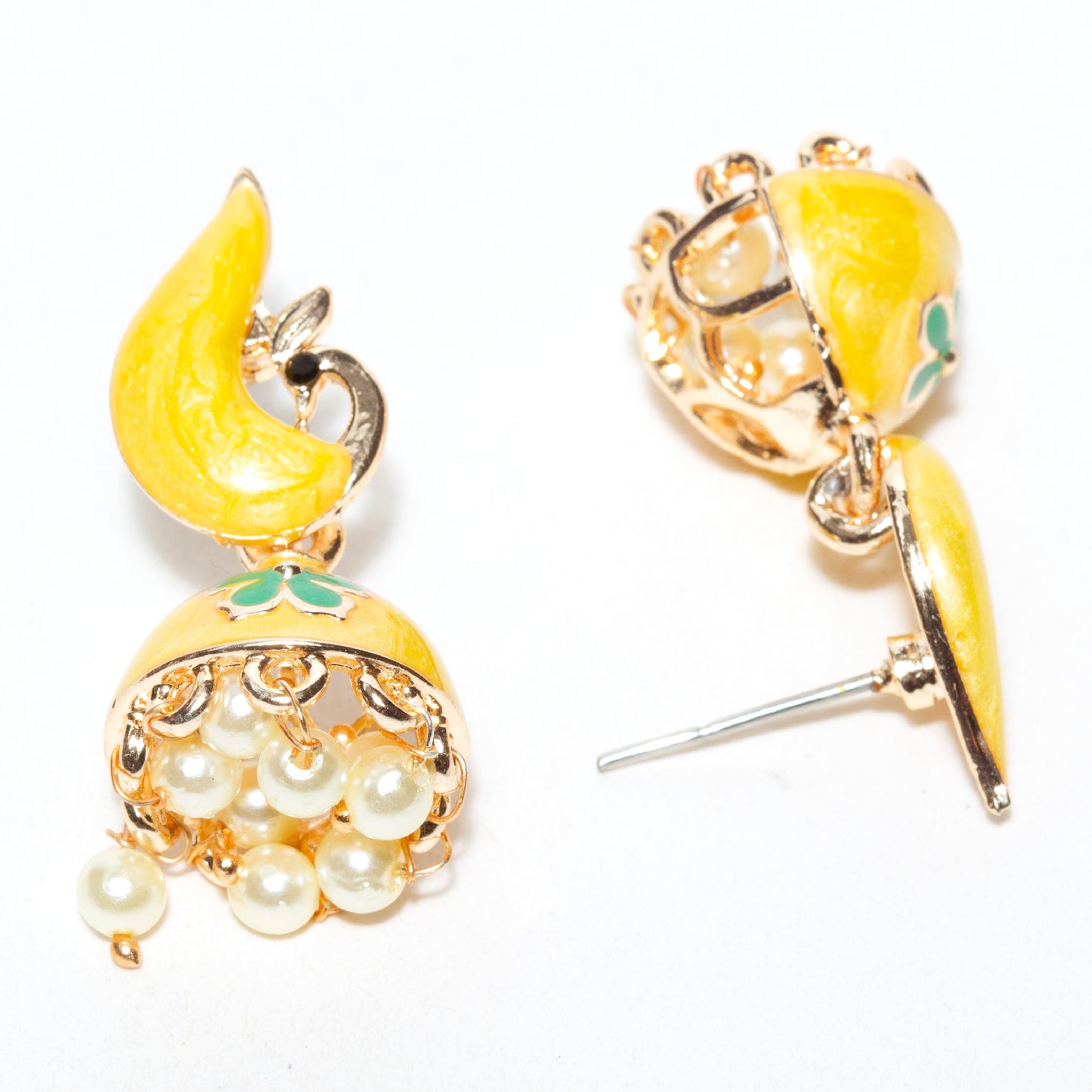 Bindhani-gold-plated-Beads-White-Stone-Meenakari-Peacock-Yellow-Small-Jhumki-women-girls