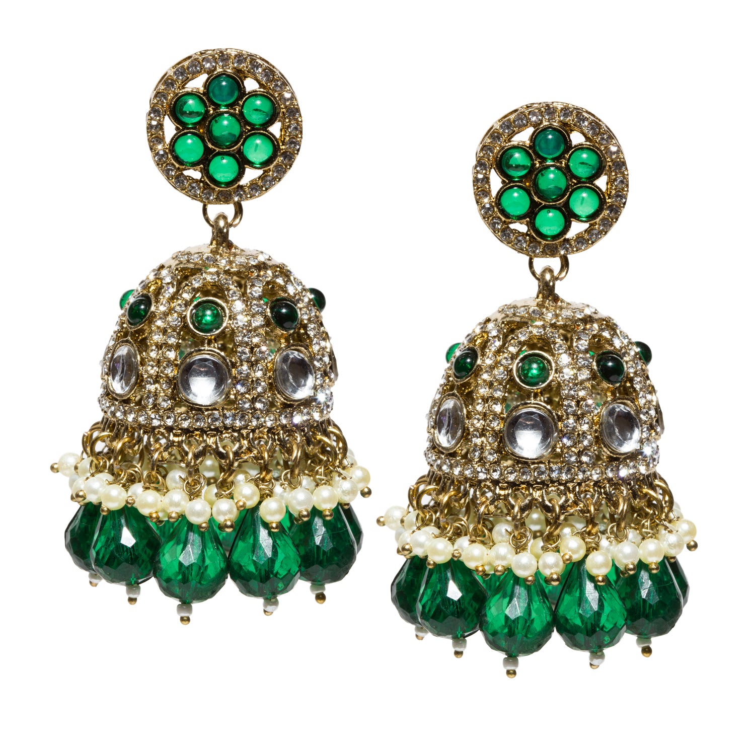 Bindhani-gold-plated-kundan-Beads-Stone-white-Beads-Green-Big-Jhumki-women