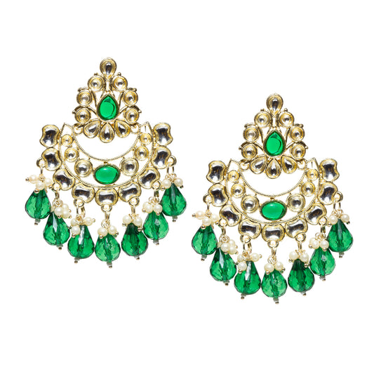 Bindhani gold-plated Kundan chandbali earrings featuring a teardrop-shaped green stone at the top, surrounded by white Kundan stones and intricate crescent detailing. The design is accented with an oval green  stone at the center and finished with faceted green bead drops and delicate white pearl clusters. Traditional statement earrings displayed as a pair on a white background.