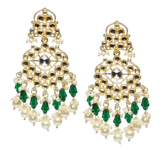 Bindhani gold-plated Kundan chandelier earrings featuring clear stones, white pearl drops, green crystal beads, and geometric floral detailing on a white background.