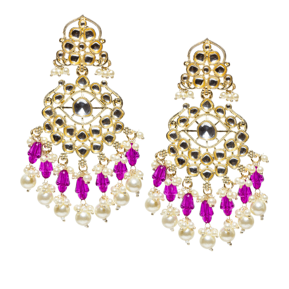 Bindhani gold-plated Kundan chandelier earrings featuring clear stones, white pearl drops, purple crystal beads, and geometric floral detailing on a white background.