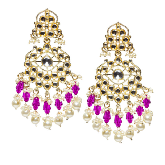 Bindhani gold-plated Kundan chandelier earrings featuring clear stones, white pearl drops, purple crystal beads, and geometric floral detailing on a white background.