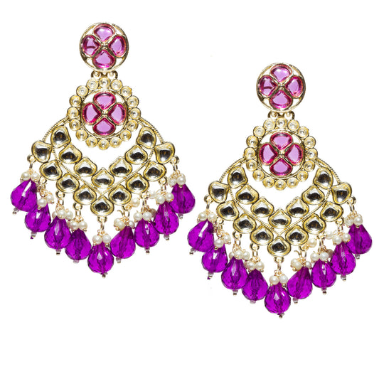 Bindhani gold-plated Kundan Chandbali earrings featuring round purple-style stones, sparkling white Kundan stones, intricate crescent-shaped design, gold-tone detailing, pearl bead clusters, and vibrant purple  teardrop bead danglers. Traditional Indian ethnic statement earrings for weddings, festivals, parties, bridal wear, and festive occasions on a white background.