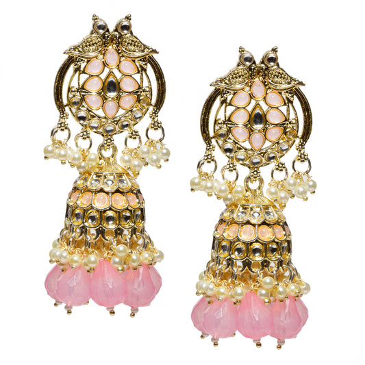 Bindhani-gold-plated-kundan-white-Beads-Drop-stone-Baby-Pink-Jhumki-earring-women-girls