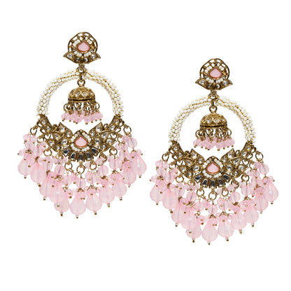 Bindhani-gold-plated-kundan-white-Beads-Drop-stone-Baby-Pink-chandbli-Jhumki-earring-women-girl