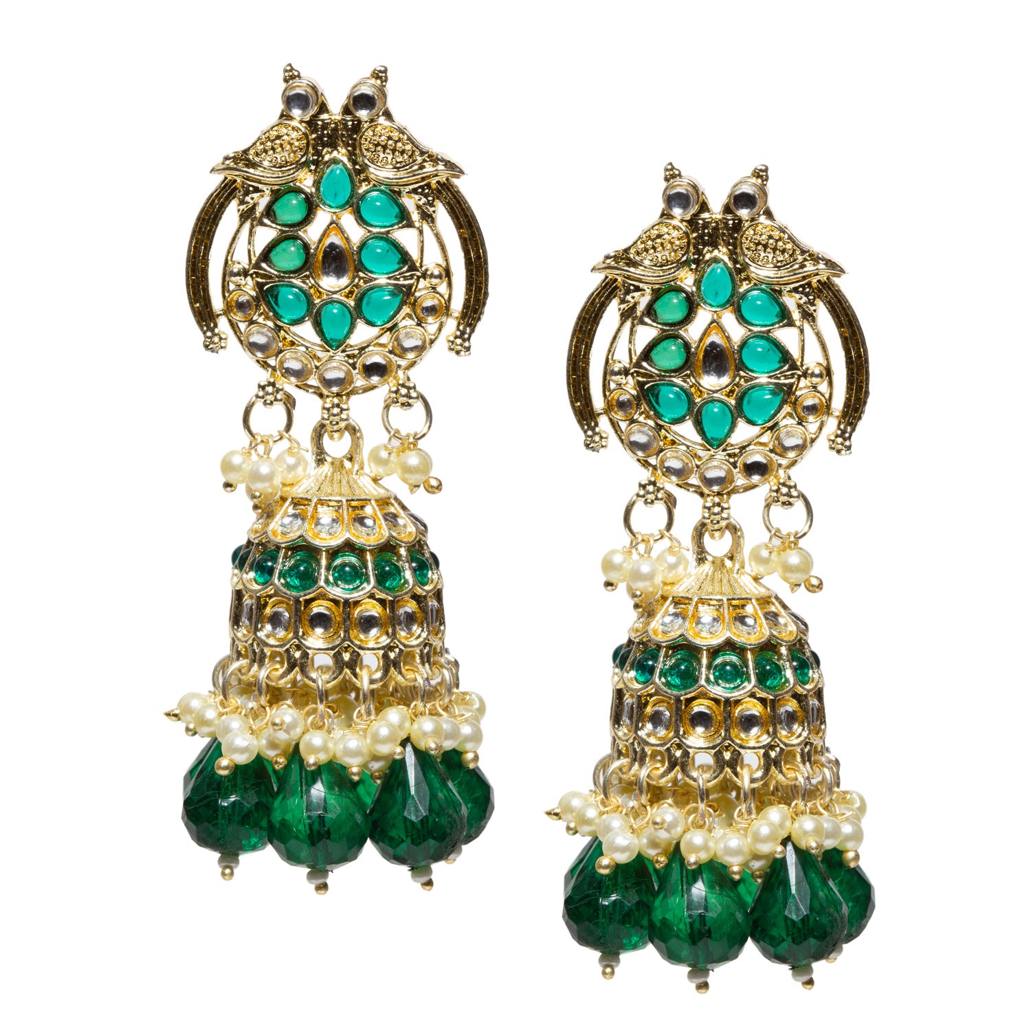 Bindhani-gold-plated-kundan-white-Beads-Drop-stone-Green-Jhumki-earring-women-girls