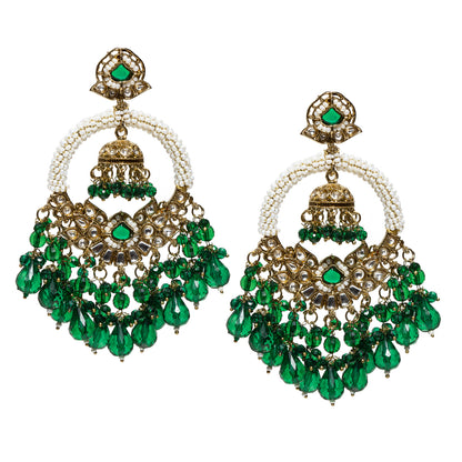 Bindhani-gold-plated-kundan-white-Beads-Drop-stone-Green-chandbli-Jhumki-earring-women-girls