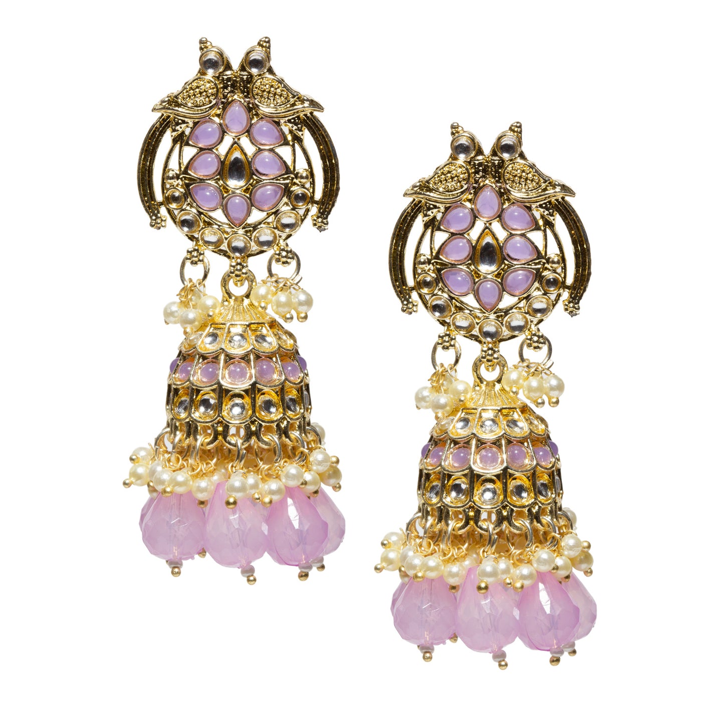 Bindhani-gold-plated-kundan-white-Beads-Drop-stone-Light-Purple-Jhumki-earring-women-girls