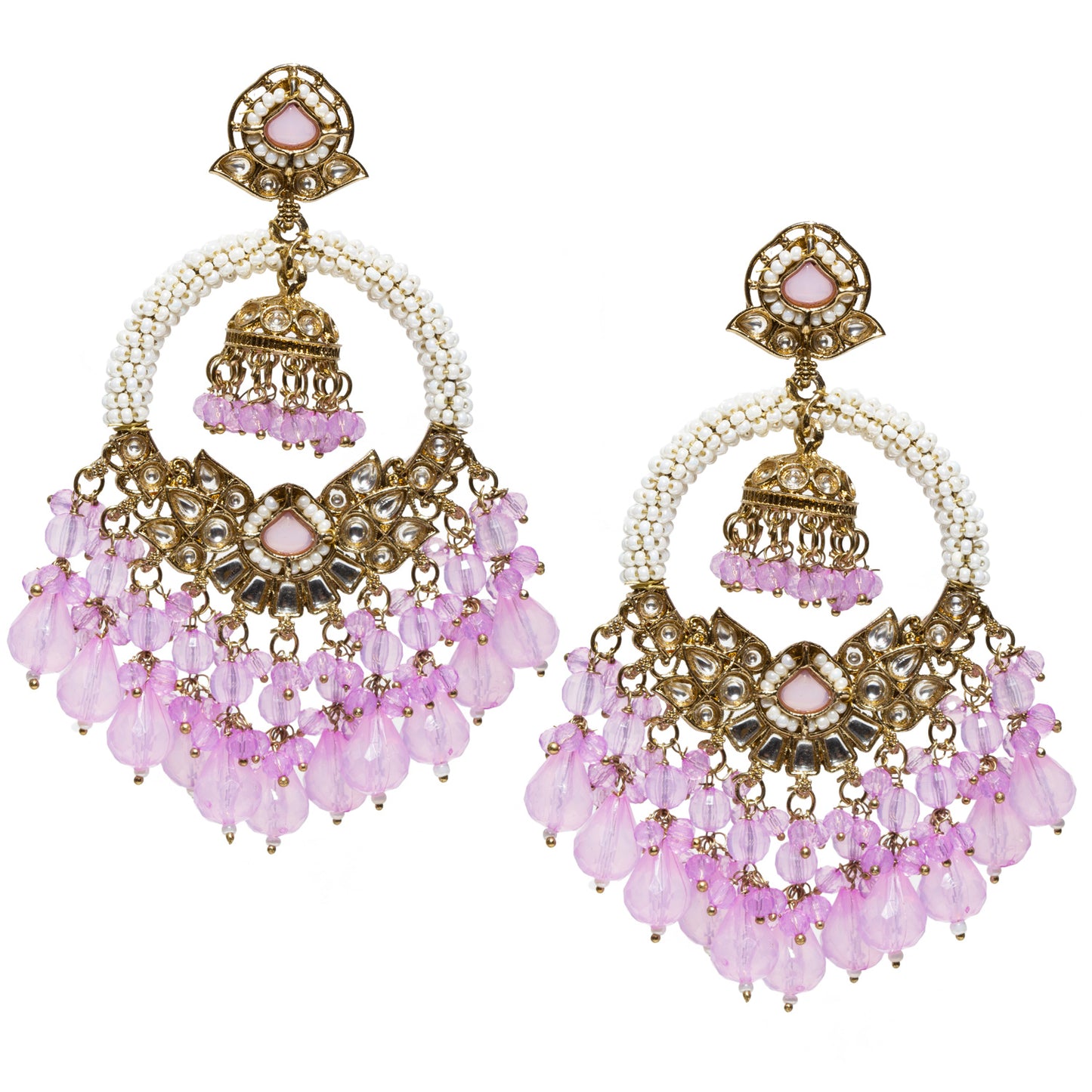 Bindhani-gold-plated-kundan-white-Beads-Drop-stone-Light-Purple-chandbli-Jhumki-earring-women-girls