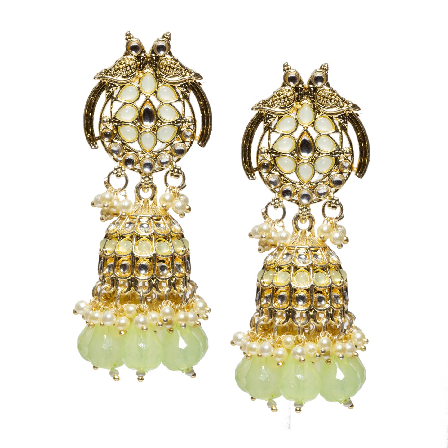 Bindhani-gold-plated-kundan-white-Beads-Drop-stone-Mint-Green-Jhumki-earring-women-girls