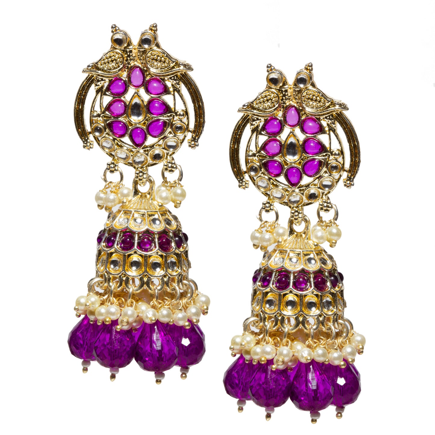 Bindhani-gold-plated-kundan-white-Beads-Drop-stone-Purple-Jhumki-earring-women-girls