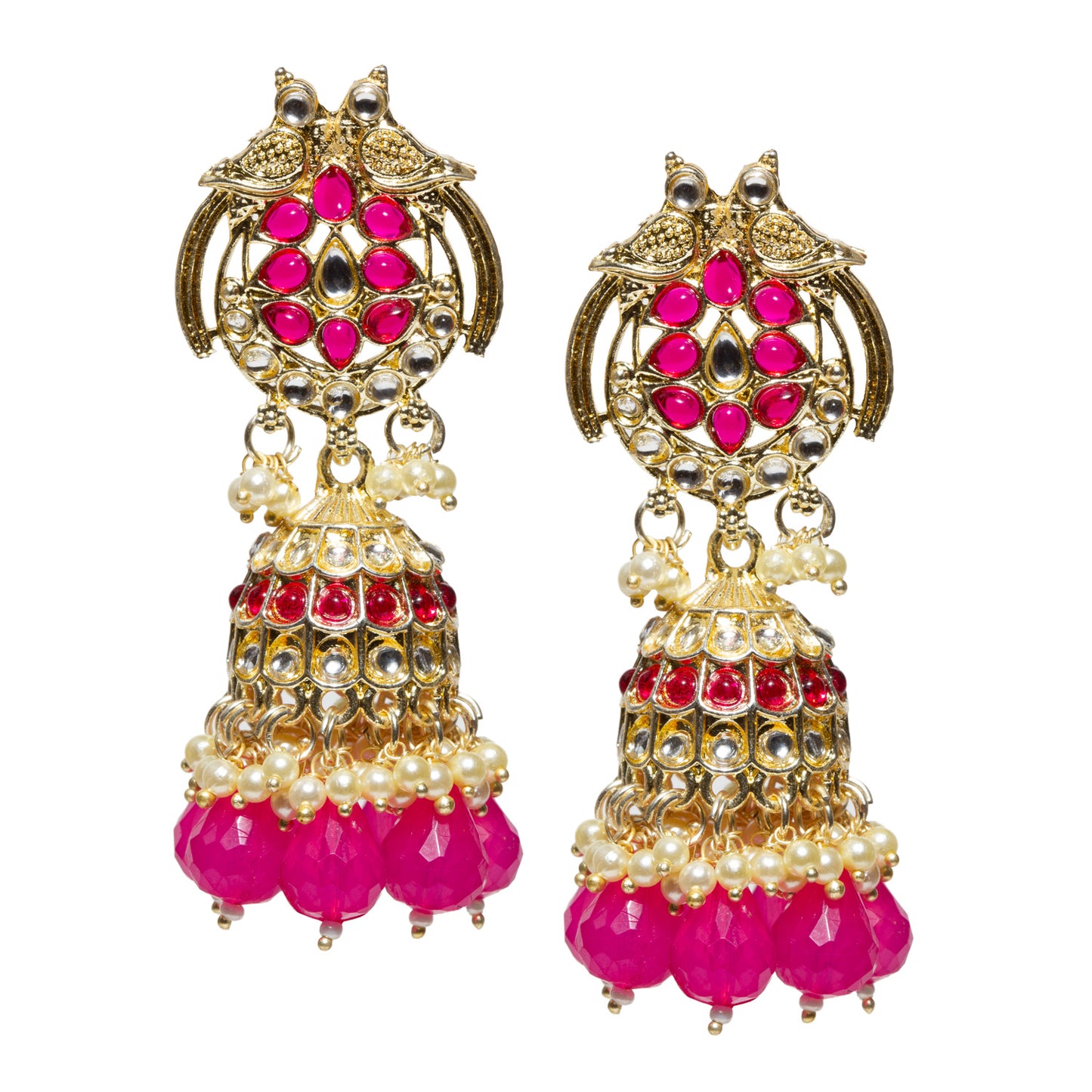 Bindhani-gold-plated-kundan-white-Beads-Drop-stone-Rani-Pink-Jhumki-earring-women-girls