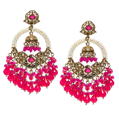 Bindhani-gold-plated-kundan-white-Beads-Drop-stone-Rani-Pink-chandbali-Jhumki-earring-women-girls