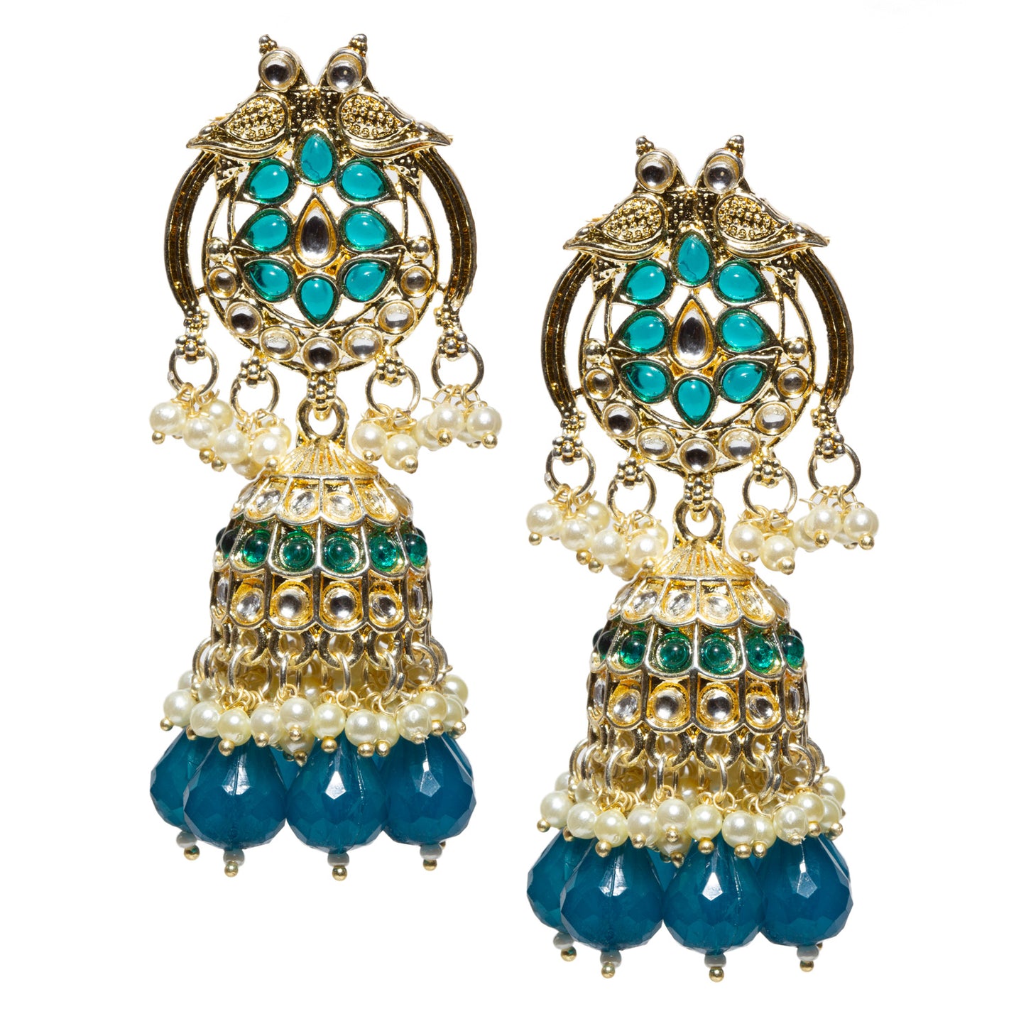 Bindhani-gold-plated-kundan-white-Beads-Drop-stone-Teal-Blue-Jhumki-earring-women-girls