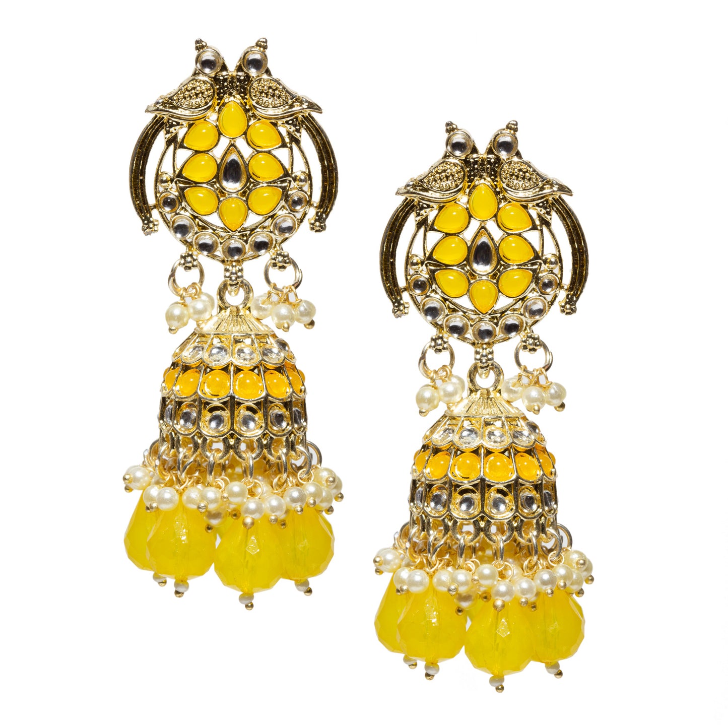 Bindhani-gold-plated-kundan-white-Beads-Drop-stone-Yellow-Jhumki-earring-women-girls