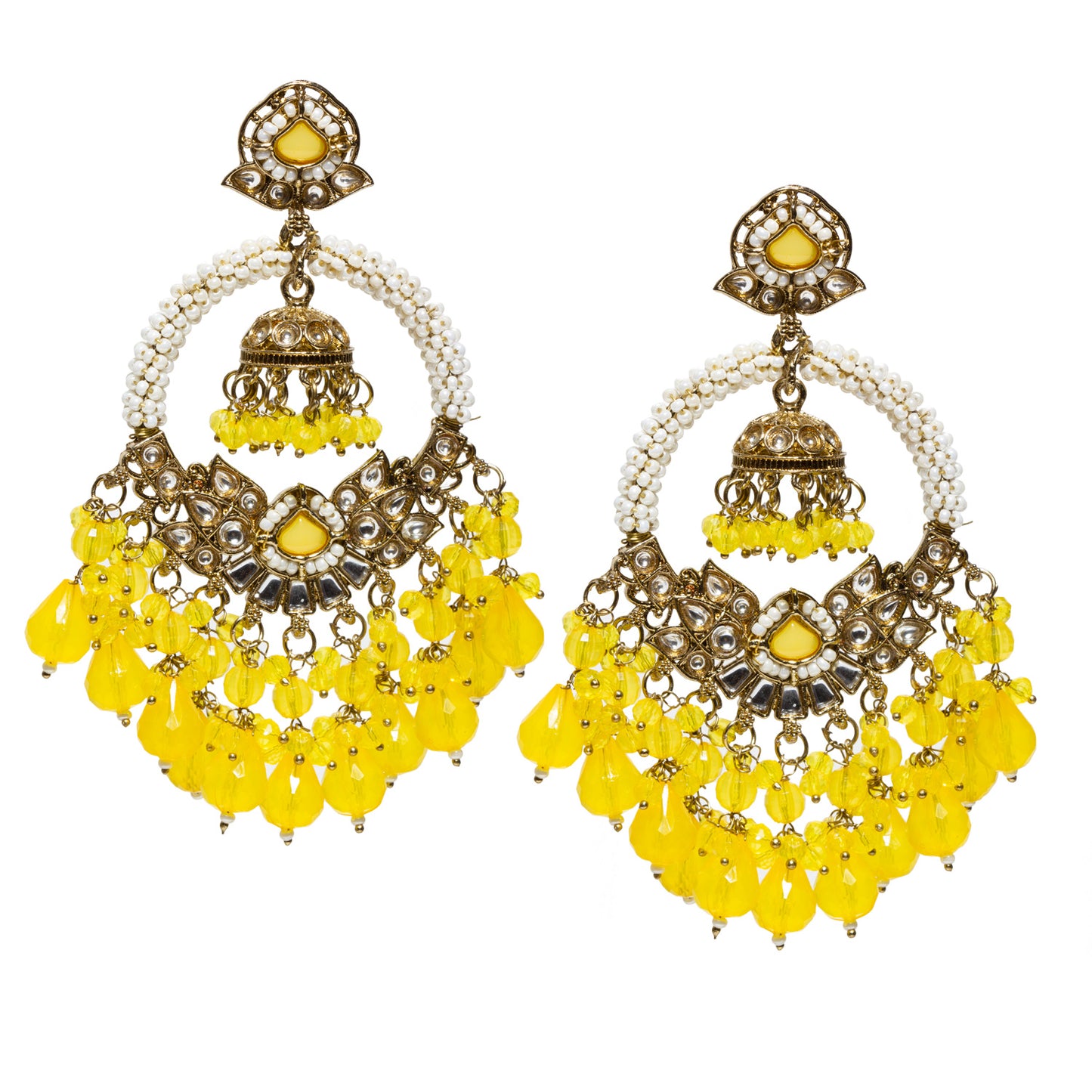 Bindhani-gold-plated-kundan-white-Beads-Drop-stone-Yellow-chandbli-Jhumki-earring-women-girls