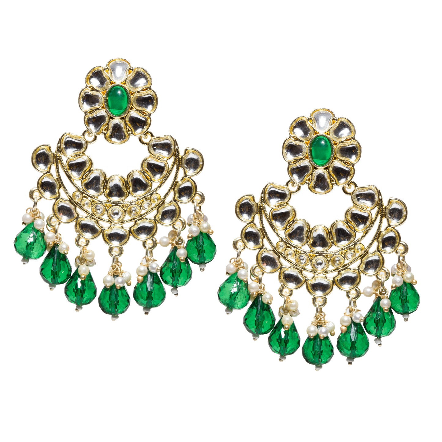 Bindhani-gold-plated-kundan-white-Green-stone-chandbli-earring-women