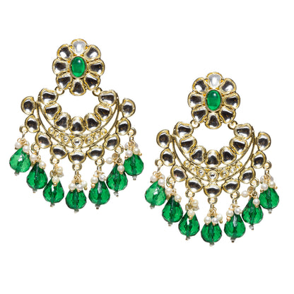 Bindhani gold-plated Kundan Chandbali earrings featuring floral green stone tops, intricate white Kundan stone detailing, circular crescent-shaped design, gold-tone handcrafted work, pearl bead accents, and bright green teardrop stone danglers. Traditional Indian statement earrings for women on a white background.