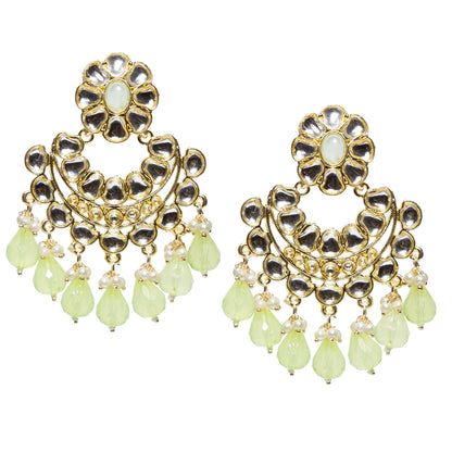 Bindhani gold-plated Kundan Chandbali earrings featuring floral mint-green stone tops, intricate white Kundan stone detailing, circular crescent-shaped design, gold-tone handcrafted work, pearl bead accents, and bright mint-green teardrop stone danglers. Traditional Indian statement earrings for women on a white background.