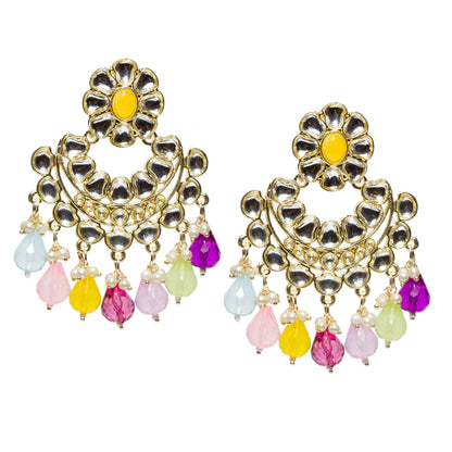 Bindhani gold-plated Kundan Chandbali earrings featuring floral yellow stone tops, intricate white Kundan stone detailing, circular crescent-shaped design, gold-tone handcrafted work, pearl bead accents, and bright multi colors teardrop stone danglers. Traditional Indian statement earrings for women on a white background.