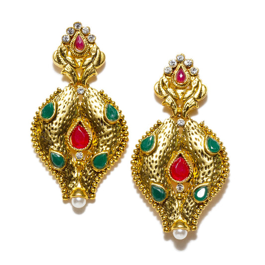 Bindhani gold plated pearl maroon green stone dangle earrings for women girls