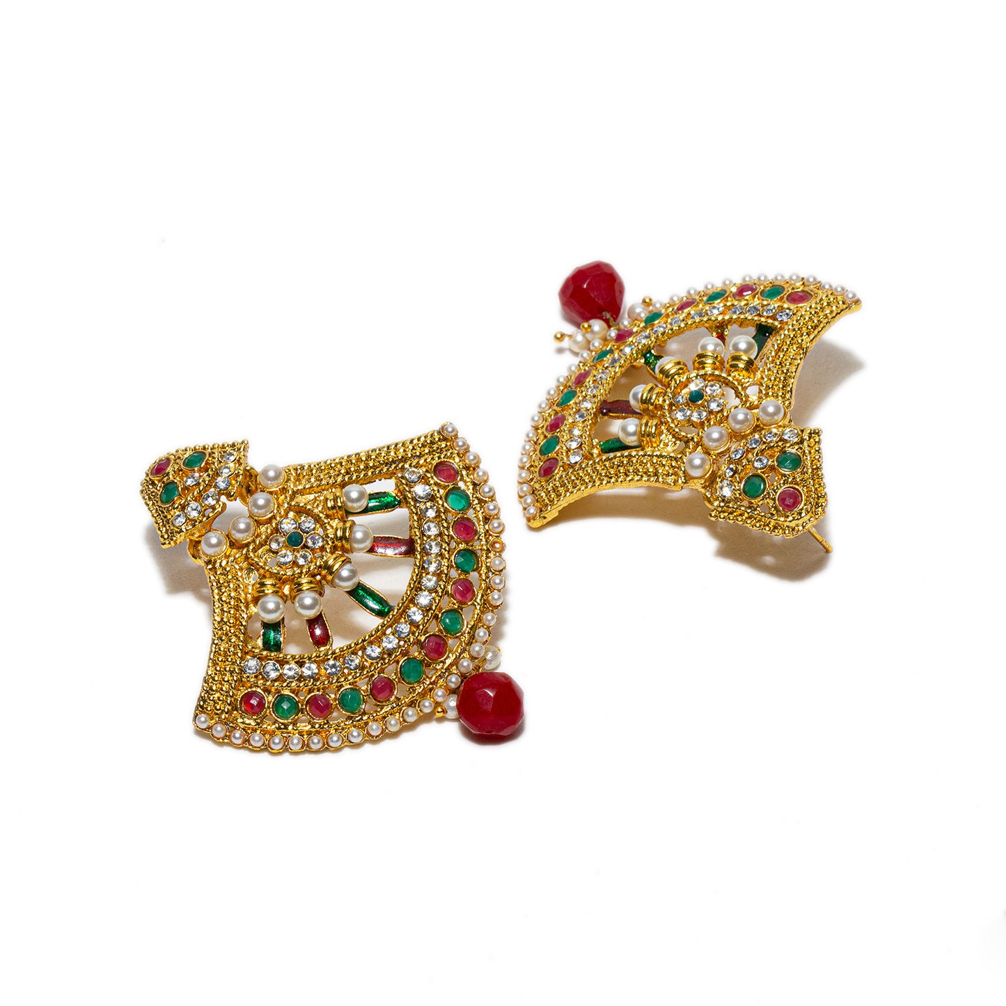 Bindhani gold plated red drop pearl beads & enamel work multi colors stone dangle earrings for women girls