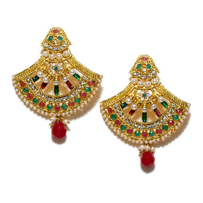 Bindhani gold plated red drop pearl beads & enamel work multi colors stone dangle earrings for women girls