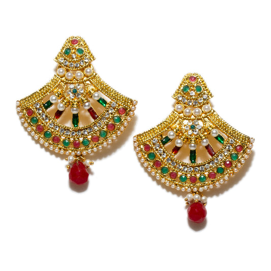 Bindhani gold plated red drop pearl beads & enamel work multi colors stone dangle earrings for women girls