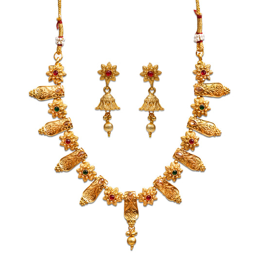 bindhani gold plated red green south india necklace jhumka earrings set for women and girls