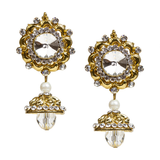 bindhani gold plated white crystal stone jhumka earrings for women