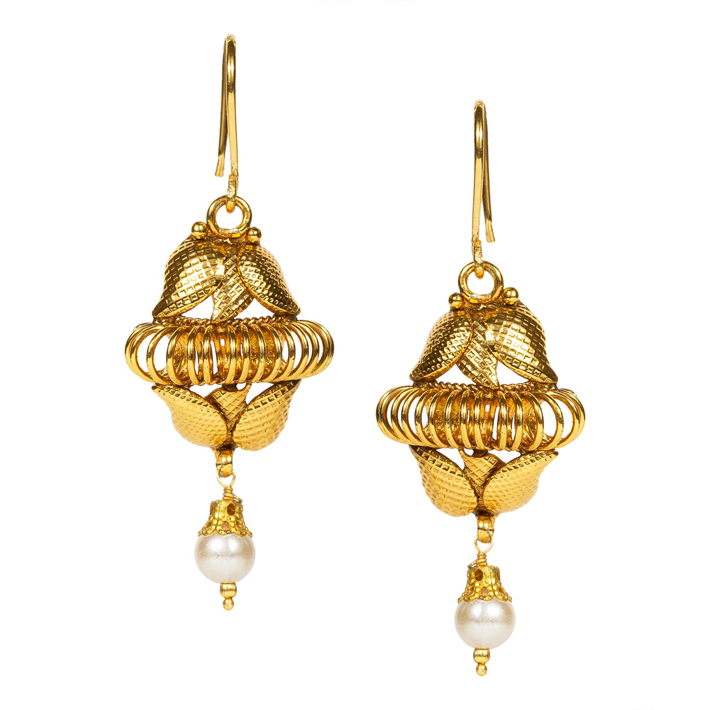 Bindhani gold plated white pearl drop gold fish hook earrings secured with fish hook earwire for women and girls