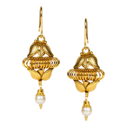 Bindhani gold plated white pearl drop gold fish hook earrings secured with fish hook earwire for women and girls