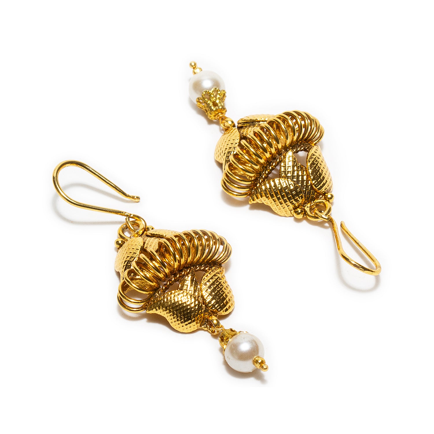 Bindhani gold plated white pearl drop gold fish hook earrings secured with fish hook earwire for women and girls