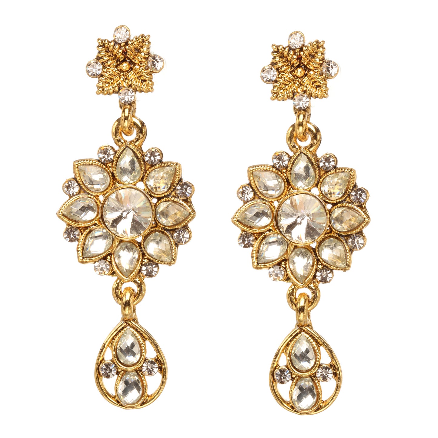 Bindhani gold-plated floral drop earrings featuring a flower-shaped design with sparkling white stones, intricate gold detailing, a central round stone, and an elegant teardrop hanging charm. Traditional bridal earrings with a luxurious stone-studded finish, displayed on a white background.