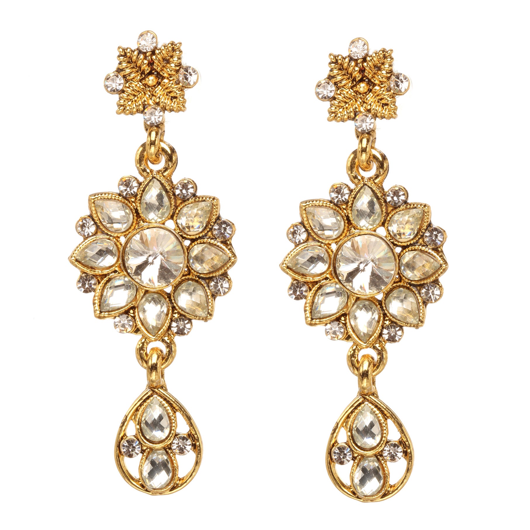 Bindhani gold-plated floral drop earrings featuring a flower-shaped design with sparkling white stones, intricate gold detailing, a central round stone, and an elegant teardrop hanging charm. Traditional bridal earrings with a luxurious stone-studded finish, displayed on a white background.