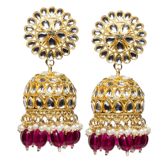 Bindhani Gold Plated Kundan Jhumka Earrings with Magenta purple wine Bead Drops and White Pearl Accents