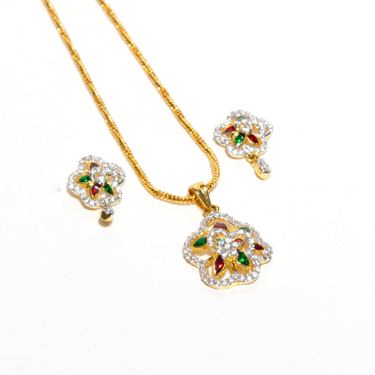 Bindhani American Diamond-Stones Flower Shaped Meenakari Pendant Earrings with Chain
