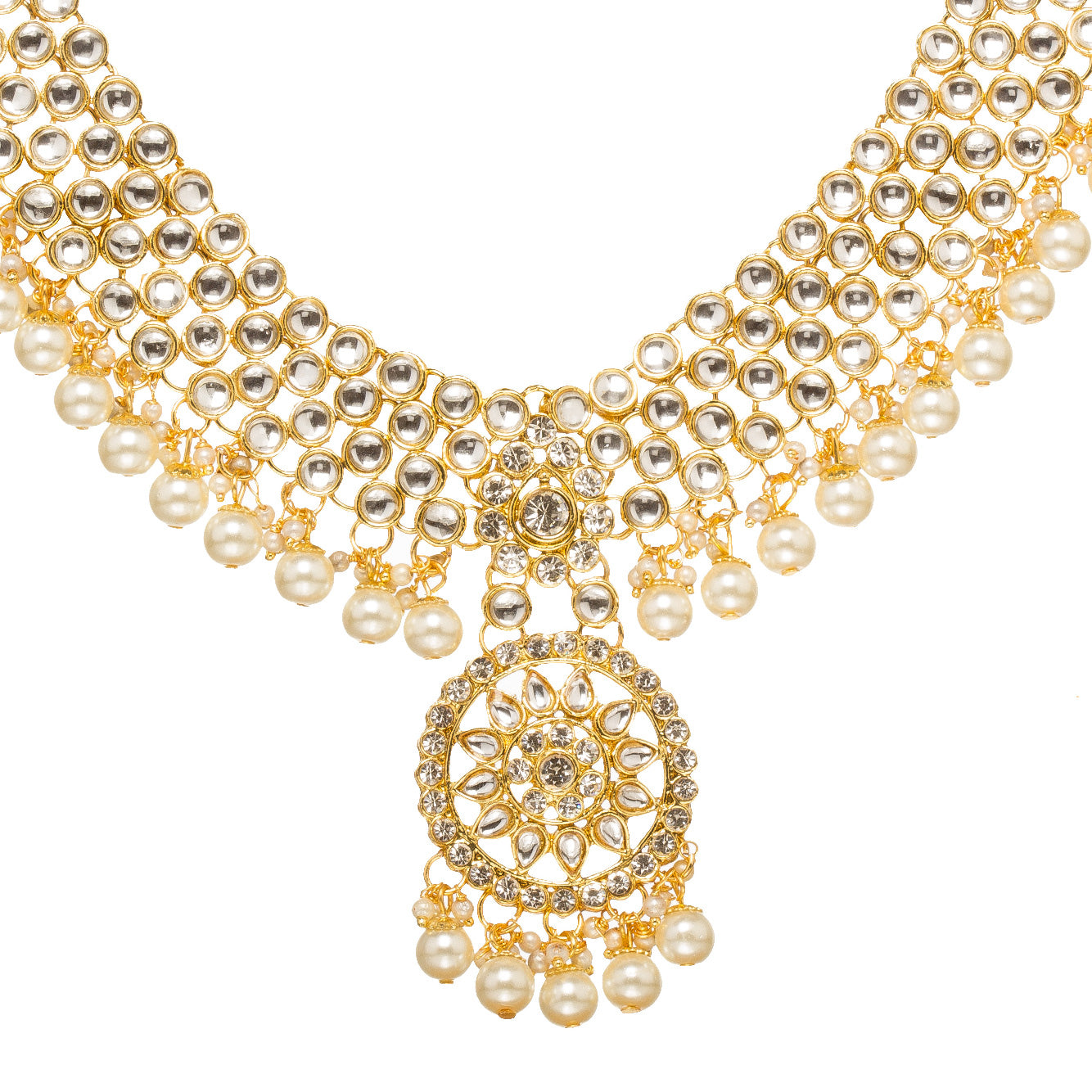 Bindhani Gold-plated kundan necklace with layered stones and hanging pearl beads, white background