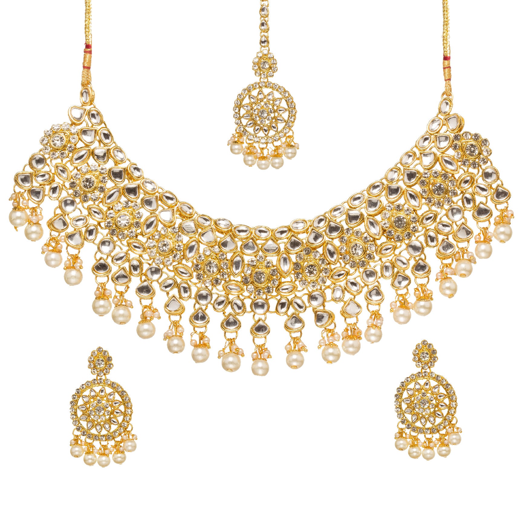 Bindhani Gold-plated kundan pearl bridal jewelry set with necklace, dangle earrings, and maang tikka
