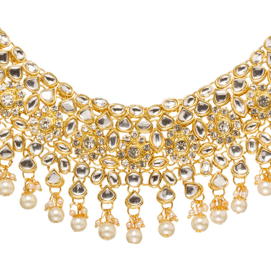 Bindhani Gold-plated kundan pearl necklace with layered stones and hanging pearl beads