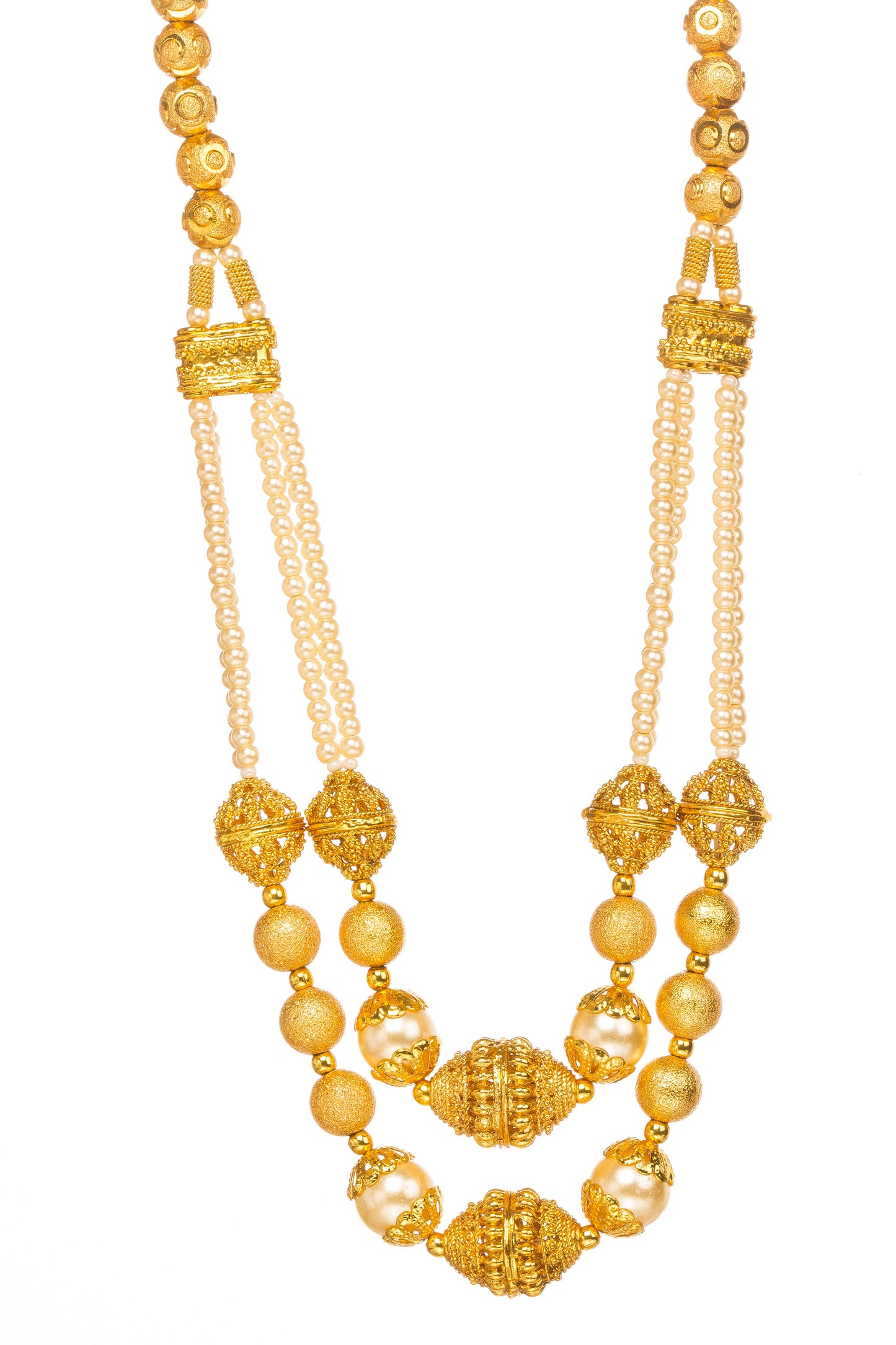 Bindhani Gold-plated layered necklace with textured gold and pearl beads, white background
