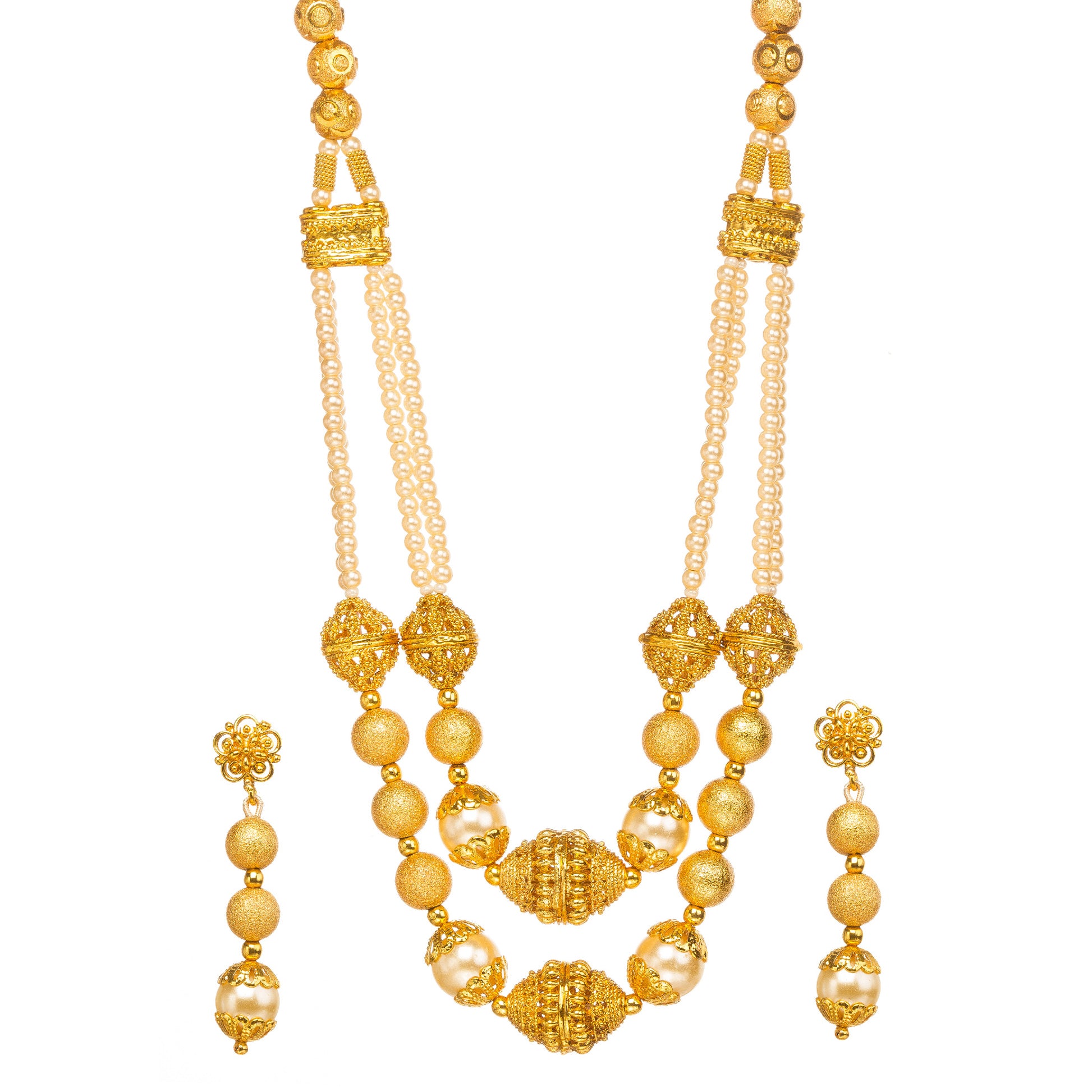 Bindhani Gold-plated layered necklace with textured gold and pearl beads, paired with matching dangle earrings, white background