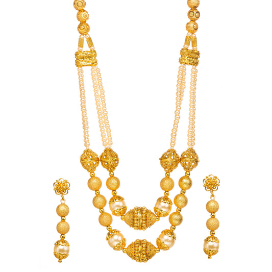 Bindhani Gold-plated layered necklace with textured gold and pearl beads, paired with matching dangle earrings, white background