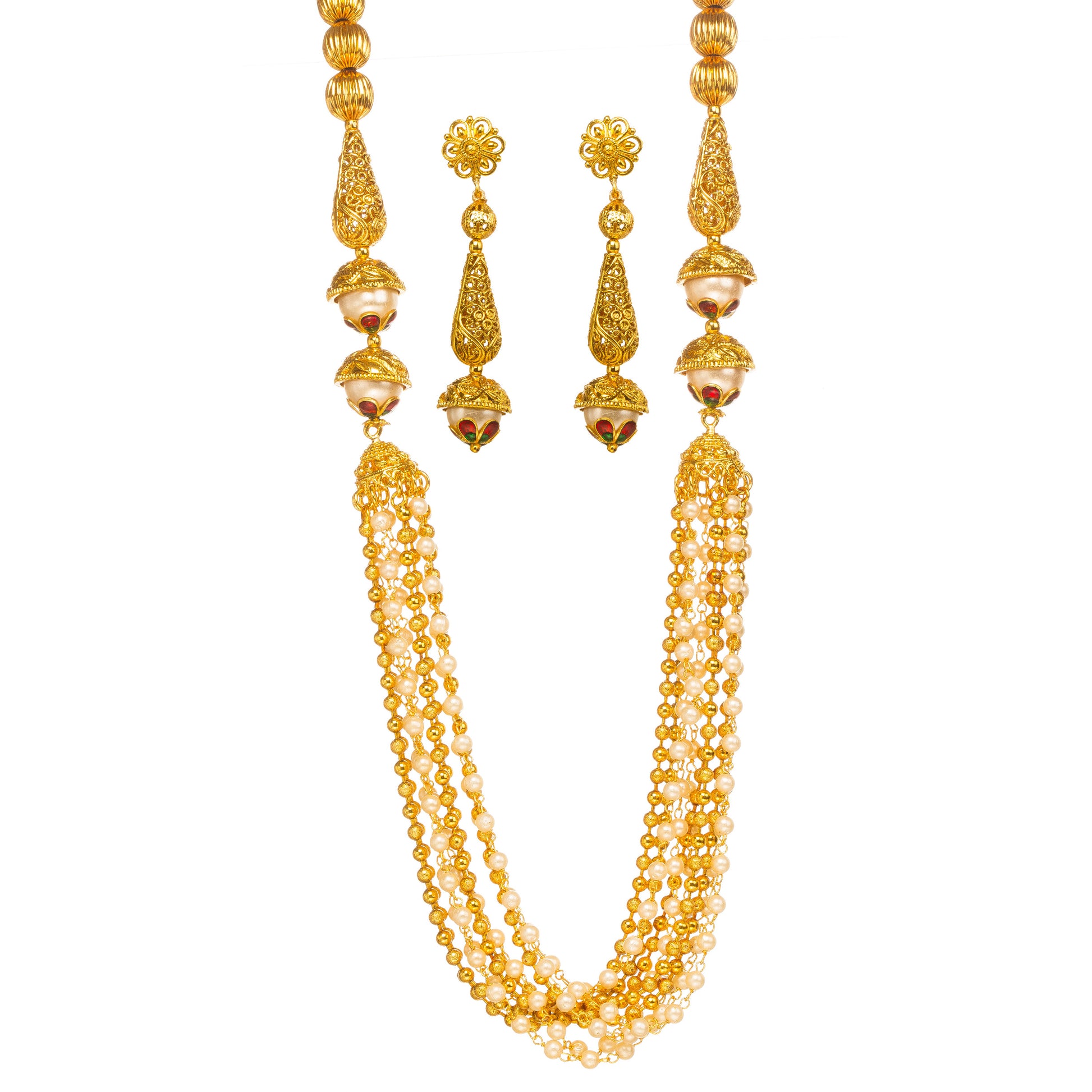 Bindhani Gold-plated layered pearl necklace with meenakari enamel beads, paired with matching drop earrings, on white background