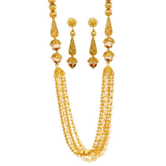 Bindhani Gold-plated layered pearl necklace with meenakari enamel beads, paired with matching drop earrings, on white background