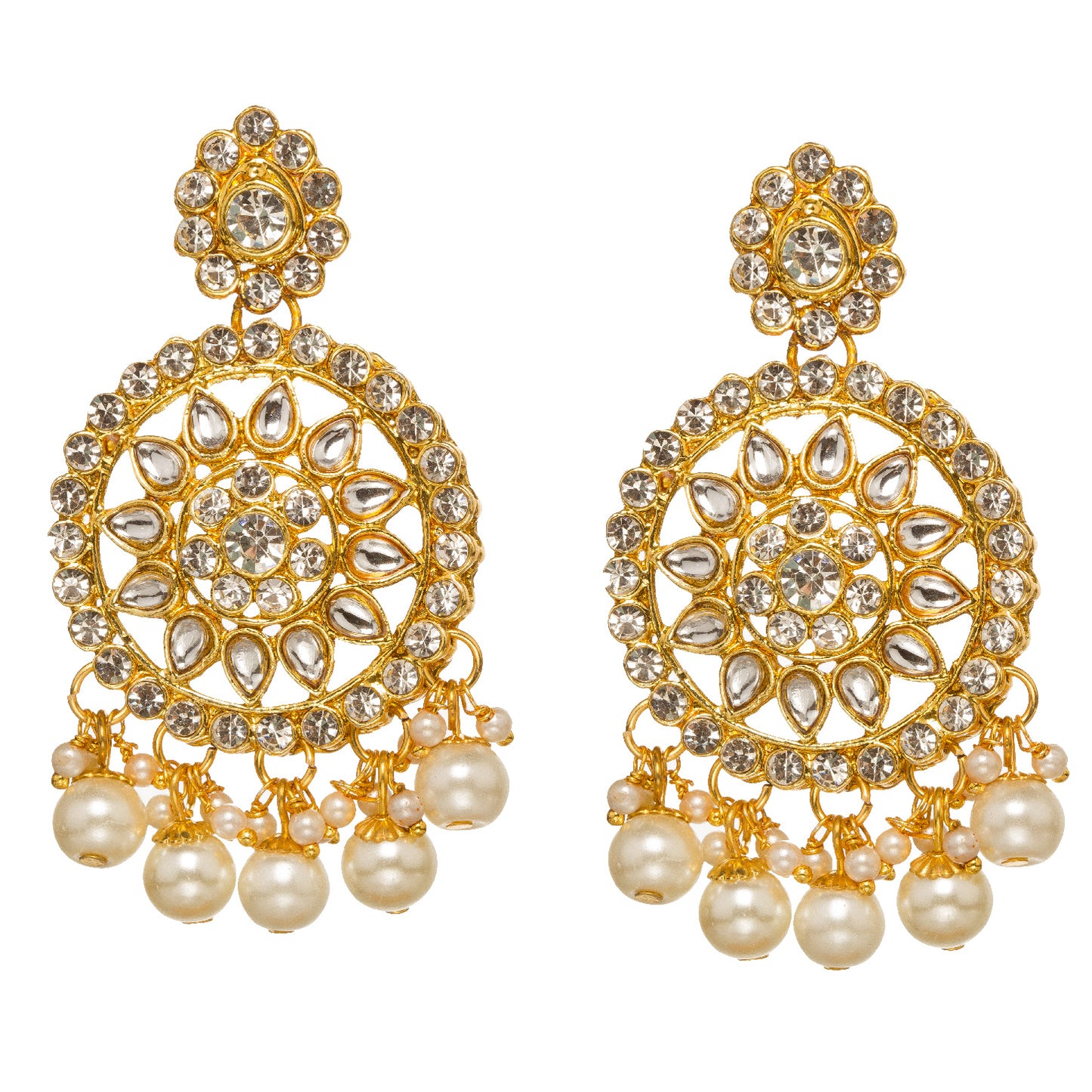 Bindhani Gold-plated round kundan chandbali earrings with hanging pearl drops
