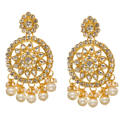 Bindhani Gold-plated round kundan chandbali earrings with hanging pearl drops
