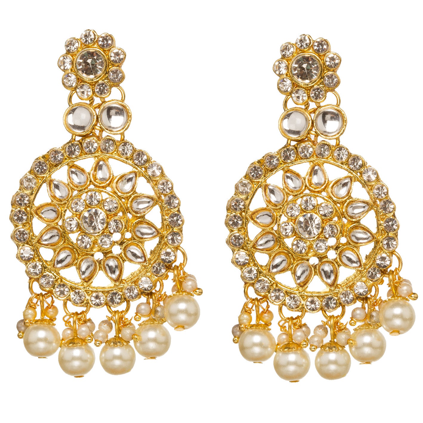 Bindhani Gold-plated round kundan earrings with hanging pearl beads, white background